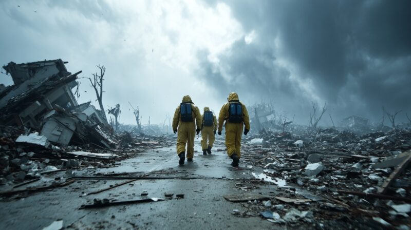 Emergency responders in protective suits walking through rubble and debris