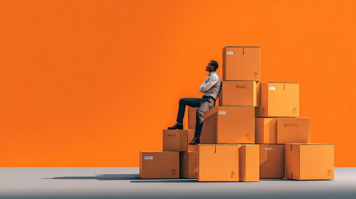 Man sitting on a stack of large cardboard boxes against an orange background