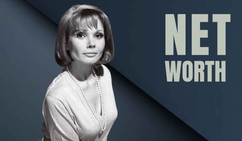 Black and white portrait of actress Felicia Farr with net worth text