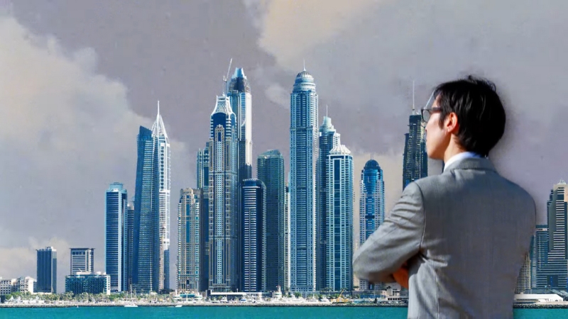 Entrepreneur looks at Dubai skyline that represents Free Zone business setup options