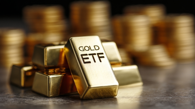 Gold ETF gold bars stacked with coins in soft focus background