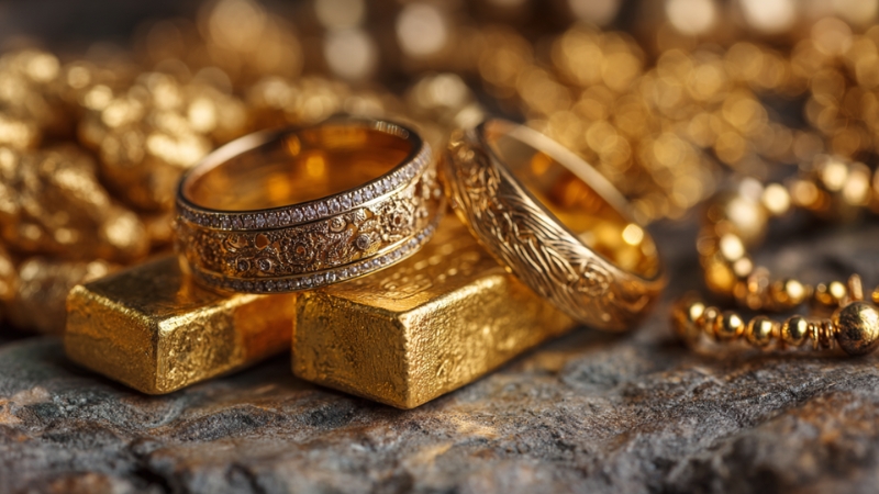 Gold rings and bars placed together to represent jewelry and investment gold