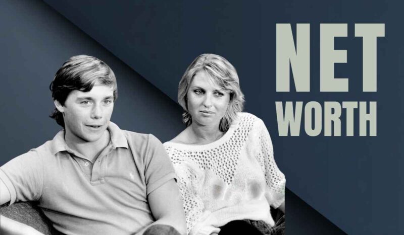 Black and white photo of a man and woman seated together with net worth text