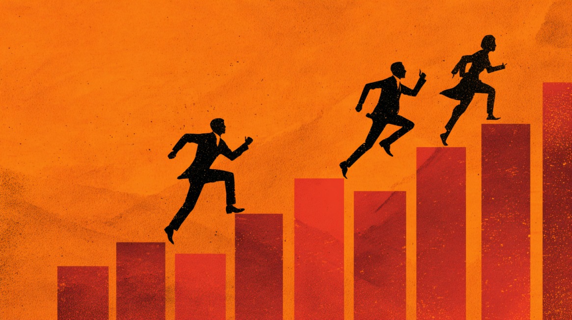 Silhouettes of three businesspeople running upward across rising bar chart steps on an orange background