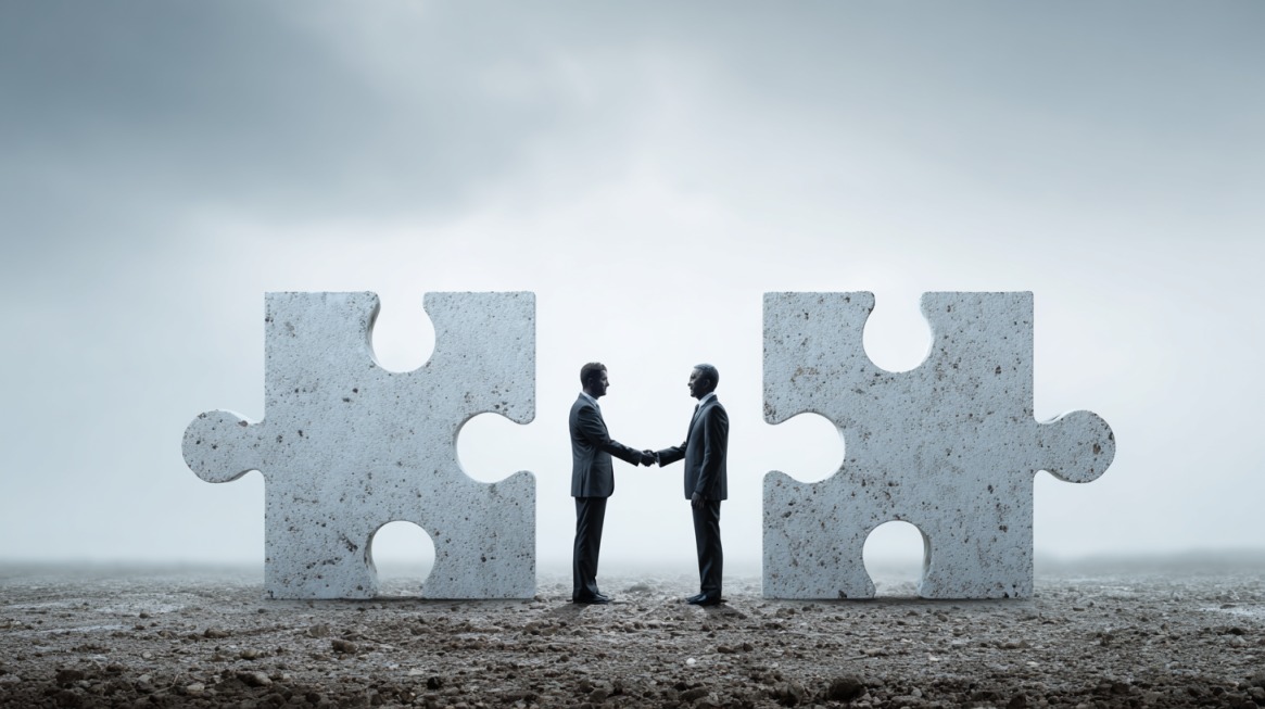 Two businesspeople shaking hands between two large puzzle pieces in a foggy outdoor setting