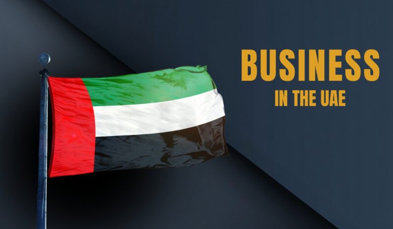 UAE flag displayed with text about business opportunities in the UAE