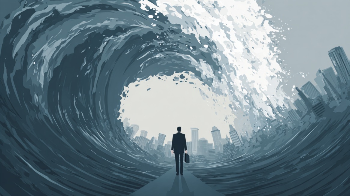 Business professional standing before a massive wave shaped like a city skyline