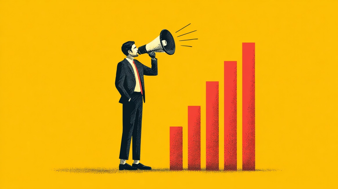 Illustration of a man using a megaphone next to rising red bar chart on a yellow background