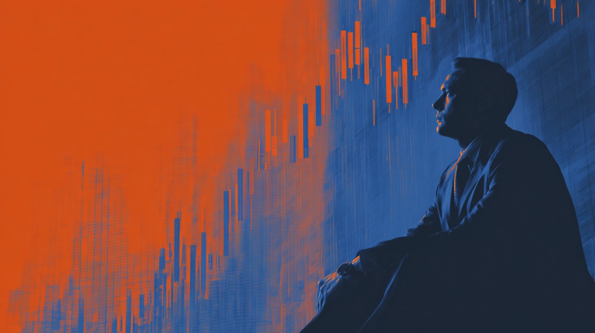 Business professional observing rising and falling financial charts symbolizing investment decision making