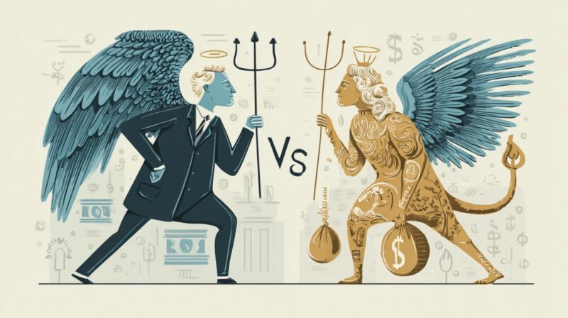Illustration showing angel and devil figures representing different types of startup investors