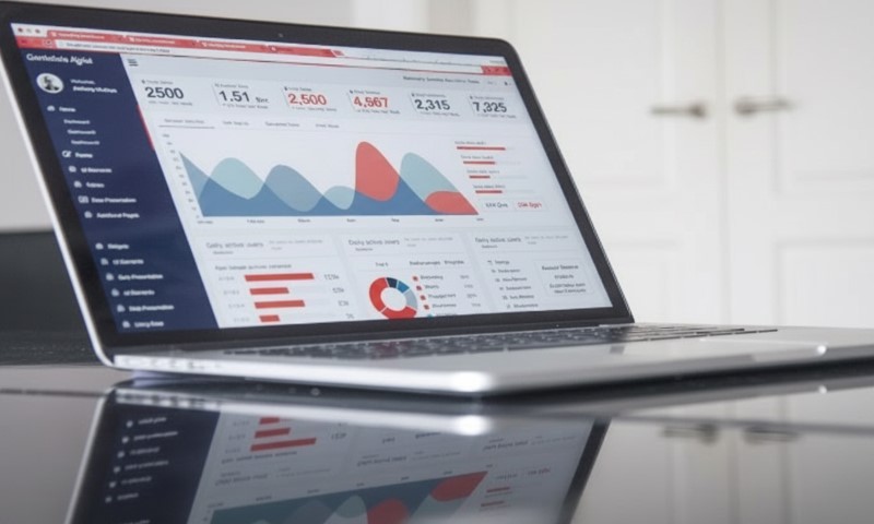 A laptop displaying an analytics dashboard with graphs, charts, and data tables