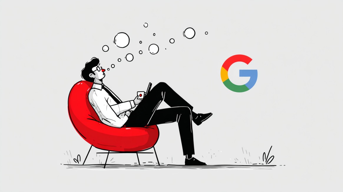 Illustration of a person relaxing in a chair while thinking, with the Google logo nearby