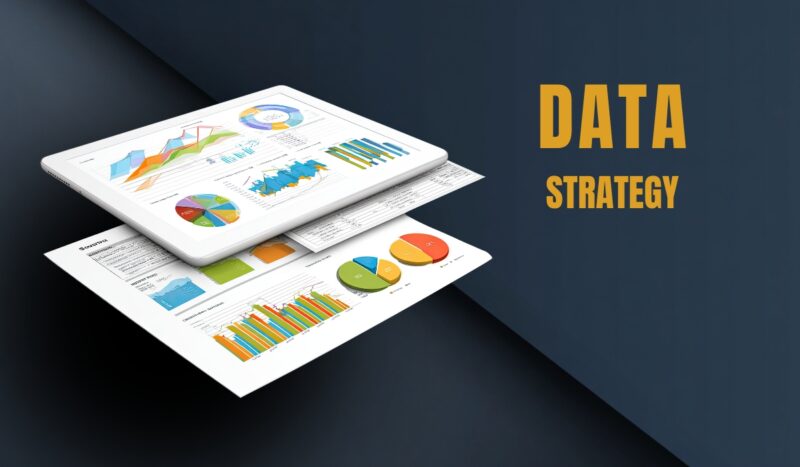 Dashboard reports and charts on layered documents that illustrate a practical data strategy