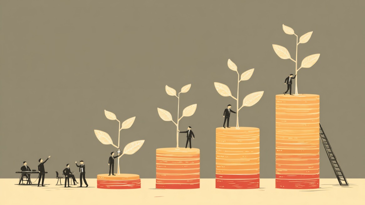 Illustration showing people nurturing plants on stacked coins to represent business growth stages