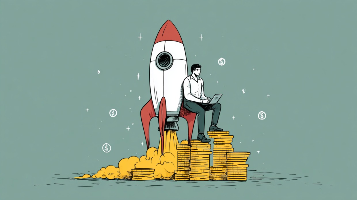 A man working on a laptop while sitting on tall stacks of gold coins next to a launching rocket.