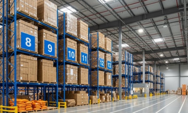 A spacious warehouse with towering blue shelving units full of neatly stacked boxes