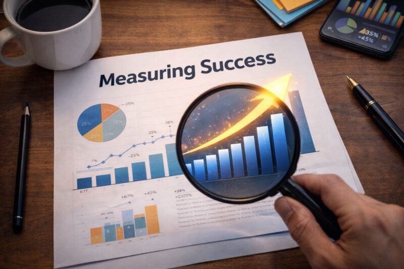 Magnifying glass highlighting an upward growth chart on a success measurement report