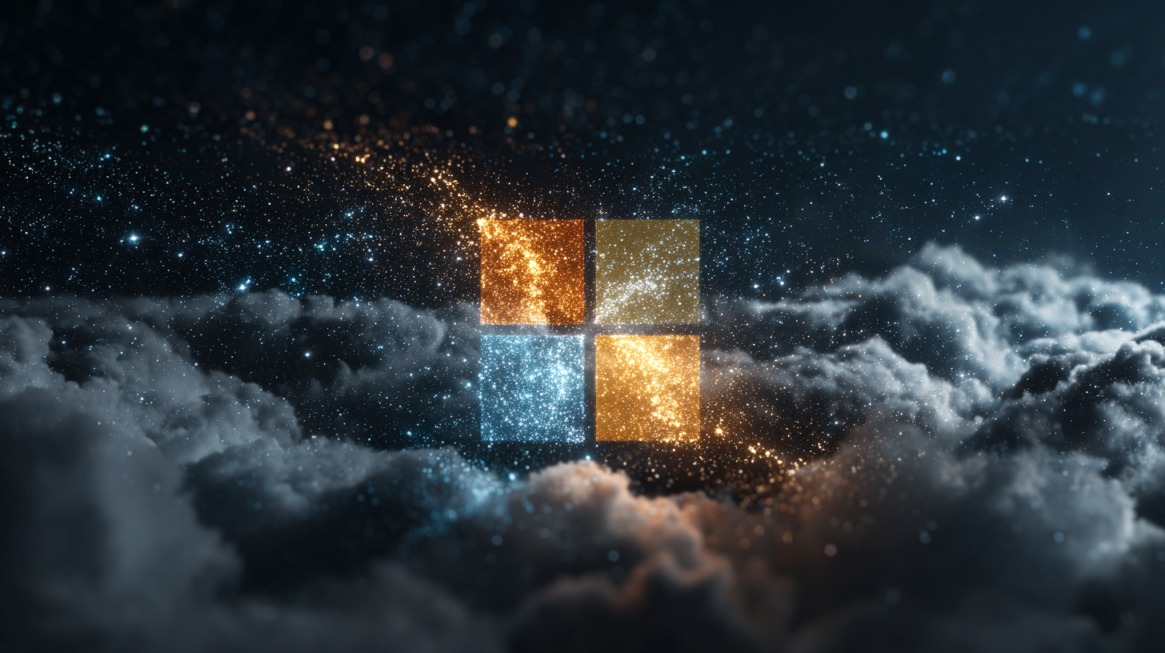 Abstract image of four glowing squares floating among clouds and particles