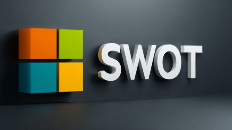 SWOT text beside four colored blocks on a dark background