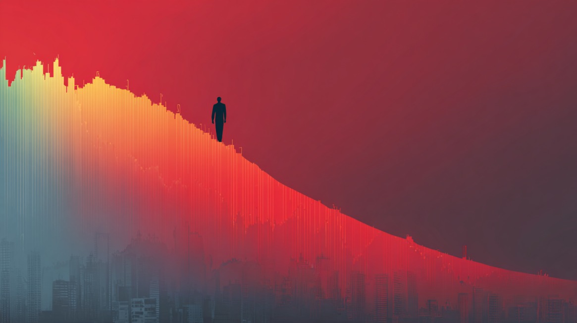 Silhouette walking along a downward curve representing investment risk and return tradeoffs