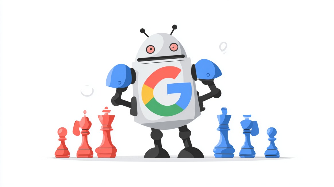 Cartoon robot with the Google logo standing between red and blue chess pieces