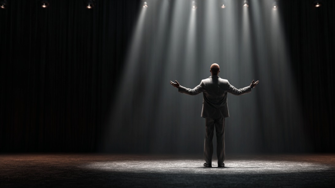 Silhouette of a business speaker standing on a dark stage under bright spotlights with arms open