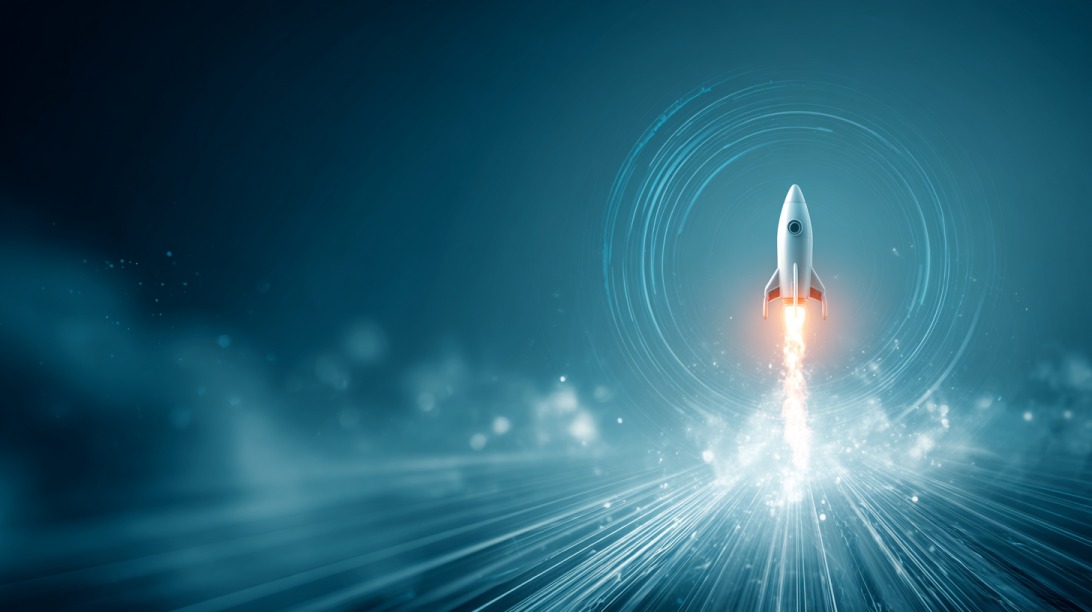 Rocket launching upward with glowing light trails symbolizing growth and expansion