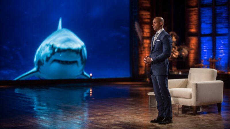 Entrepreneur standing on a presentation stage with a large shark image displayed on a screen behind him