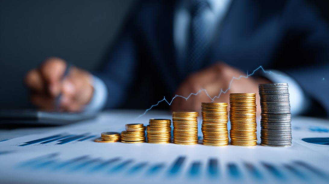 Stacks of coins increasing in height with a rising financial graph in the background