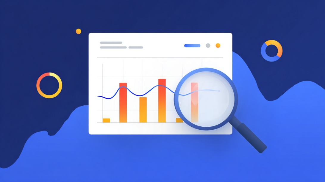 Illustration of a dashboard with bar charts and a magnifying glass highlighting growth data