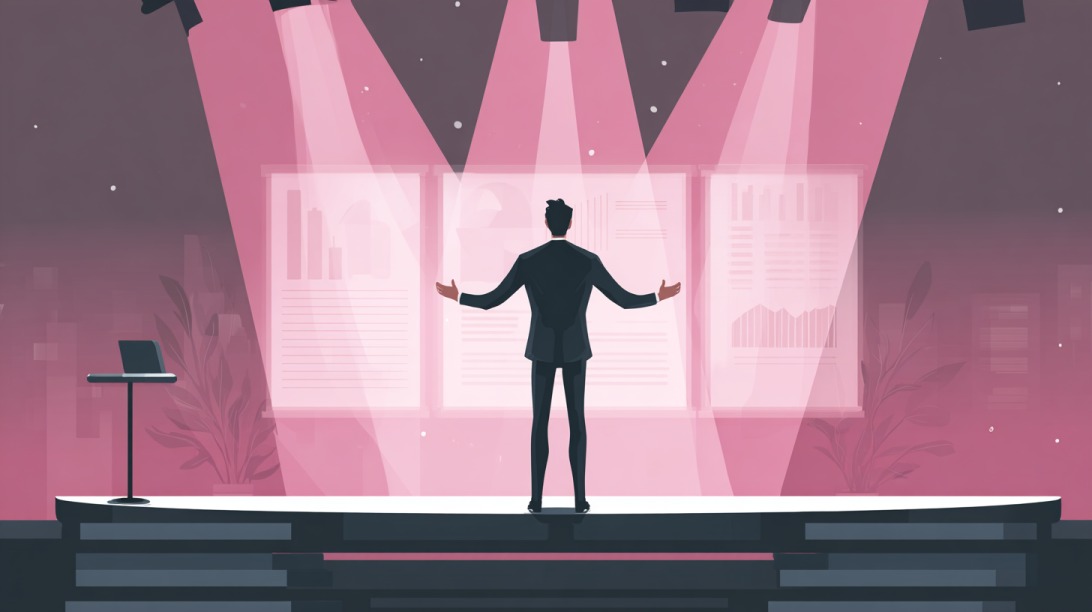 Business presenter standing under spotlights on a stage with charts displayed on large screens behind him