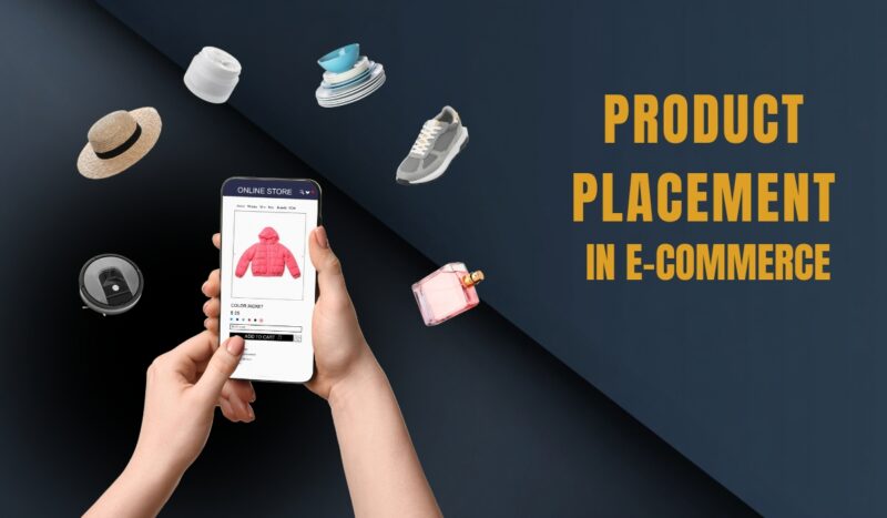 Product placement in e-commerce shown on a phone screen with various products displayed around it