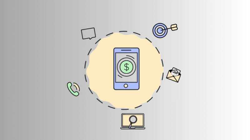 Product placement shown with a phone and icons for search, message, and purchase around it