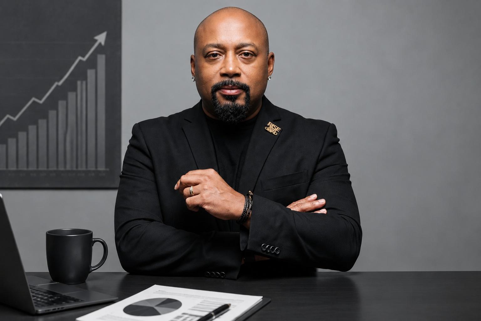 Daymond John seated at a desk with a growth chart behind him.
