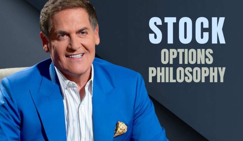 Mark Cuban in a blue suit beside stock options philosophy text.