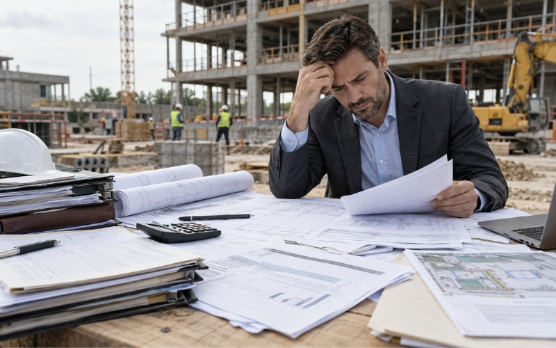 Commercial construction manager reviewing budget documents and blueprints at an active building site.