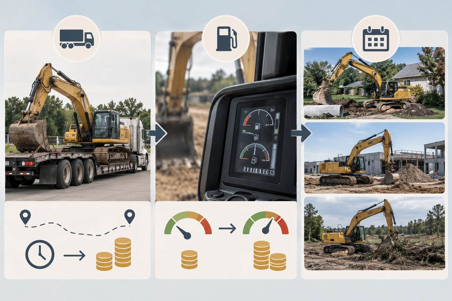 Infographic showing excavator transportation, fuel efficiency monitoring, and construction scheduling to improve profitability.