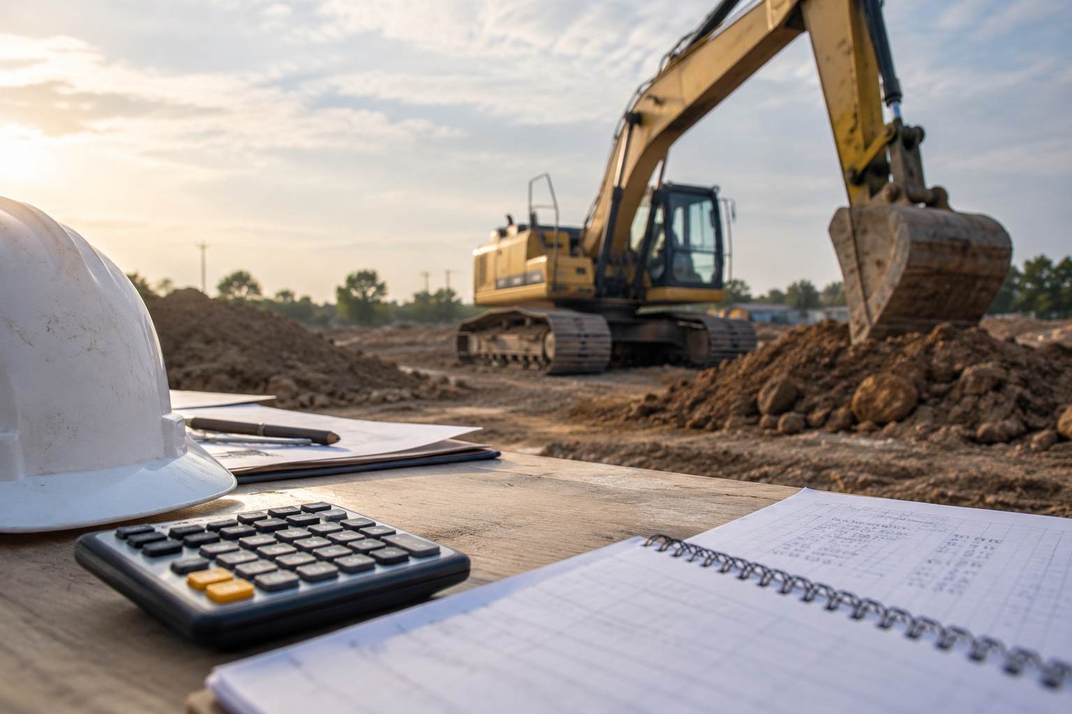 Yellow excavator at a construction site with a calculator, hard hat, and financial records on a wooden table.