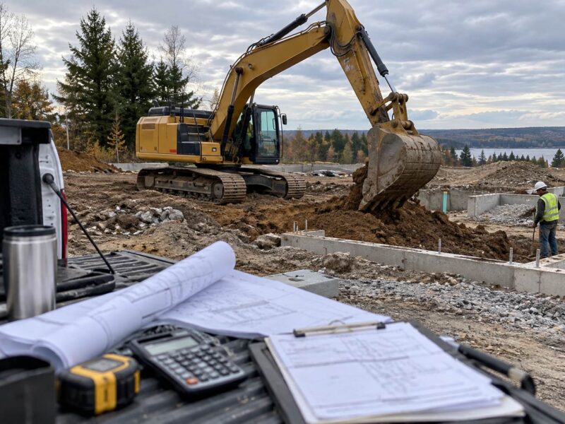 Yellow Caterpillar excavator digging at a construction site with blueprints and a calculator in the foreground.