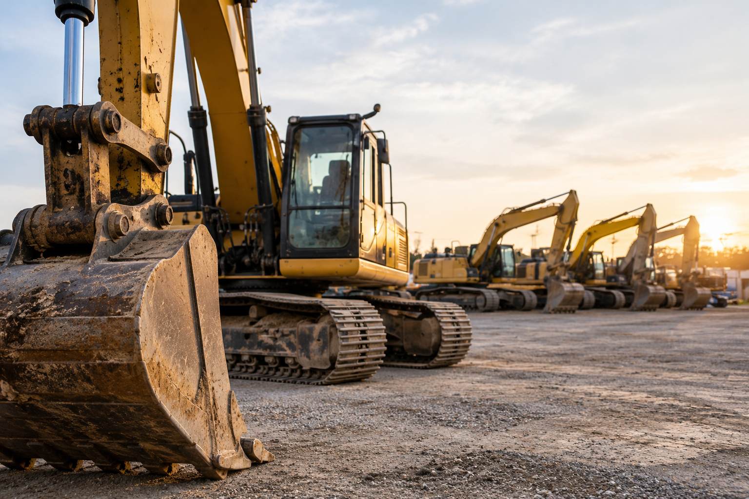Row of yellow Caterpillar excavators parked in a construction equipment yard at sunset.