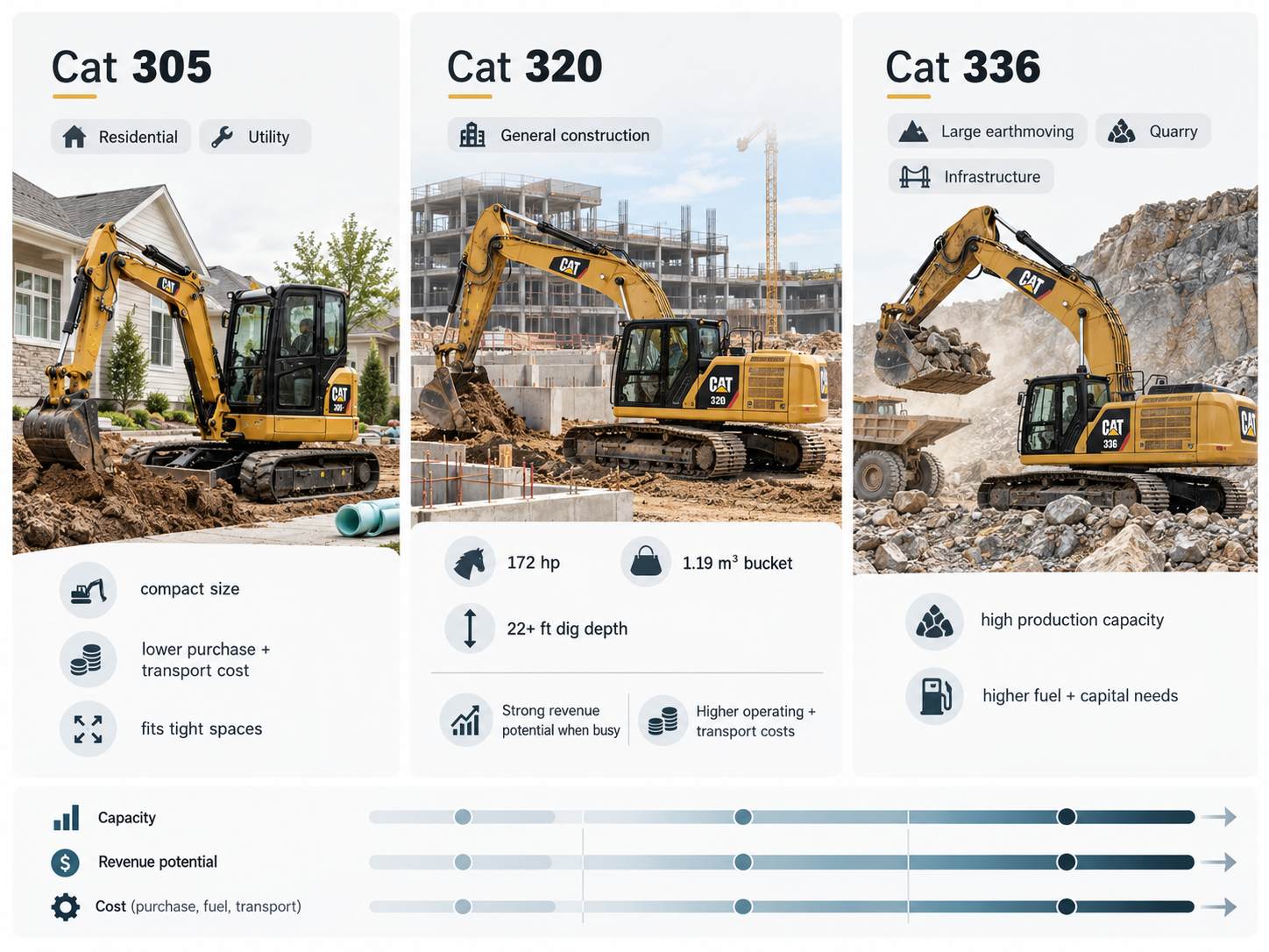Infographic comparing Cat 305, Cat 320, and Cat 336 excavators by construction applications, operating costs, and revenue potential.