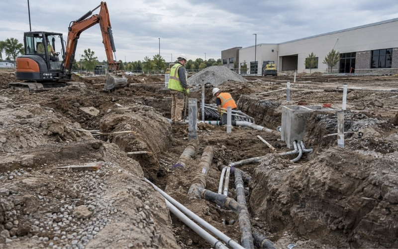 Underground utility pipes and trenches at a commercial construction site with workers and excavation equipment.