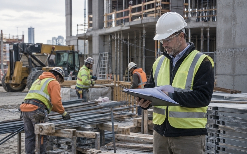 Project manager reviewing labor documents while construction workers work on a commercial building site