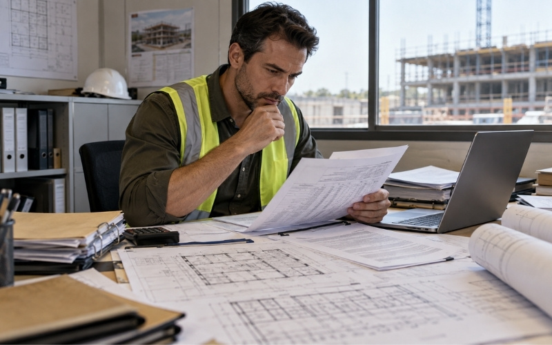 Construction manager reviewing cost sheets, regulations, and building plans in a site office